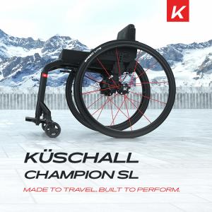 New Kuschall Champion SL Manual Wheelchair. Black frame with red spokes. Swiss Alps.